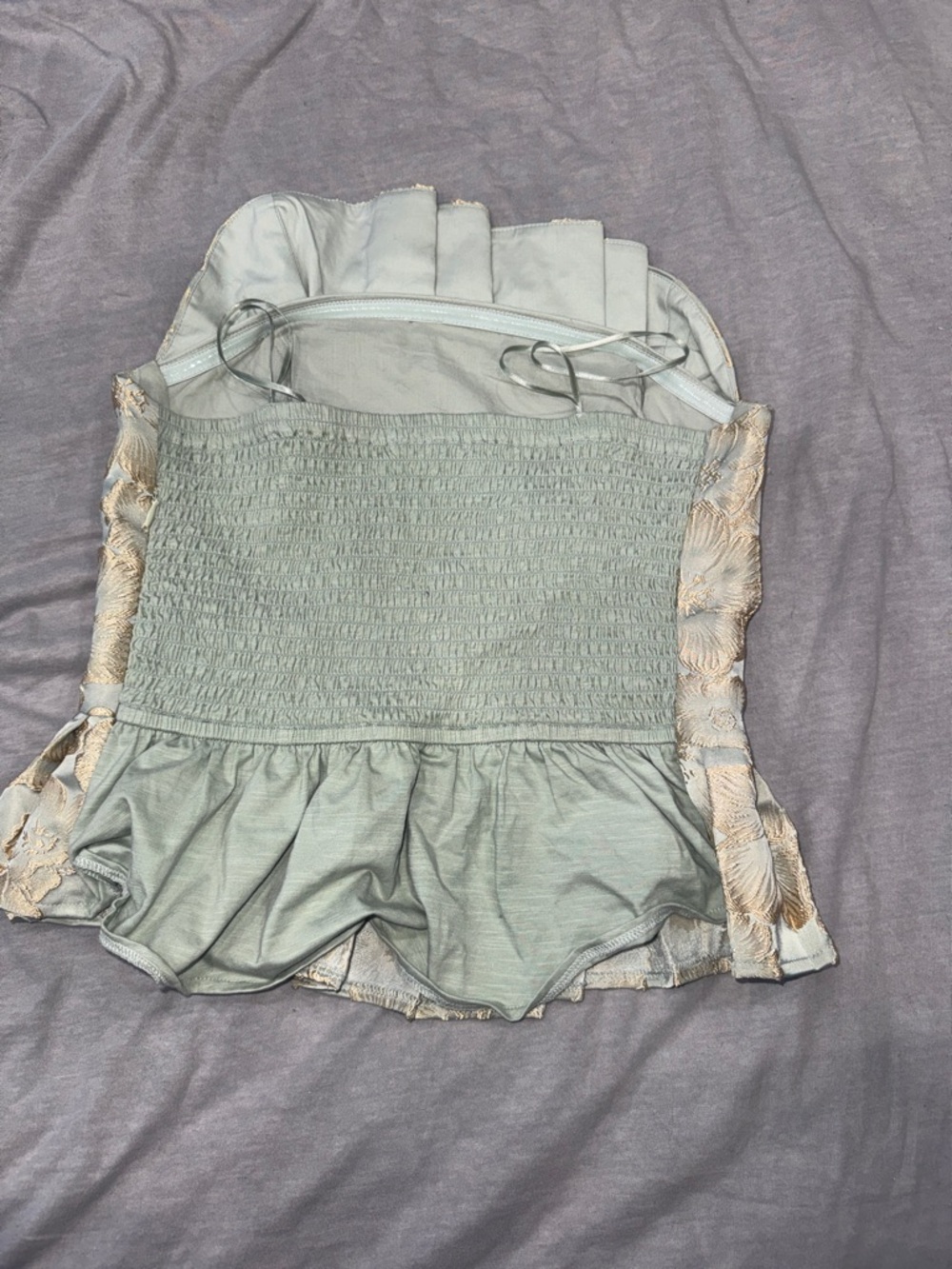 Porridge- Strapless Pale Sage Floral Jacquard Peplum Top - Size Small - Picture 7 of 8